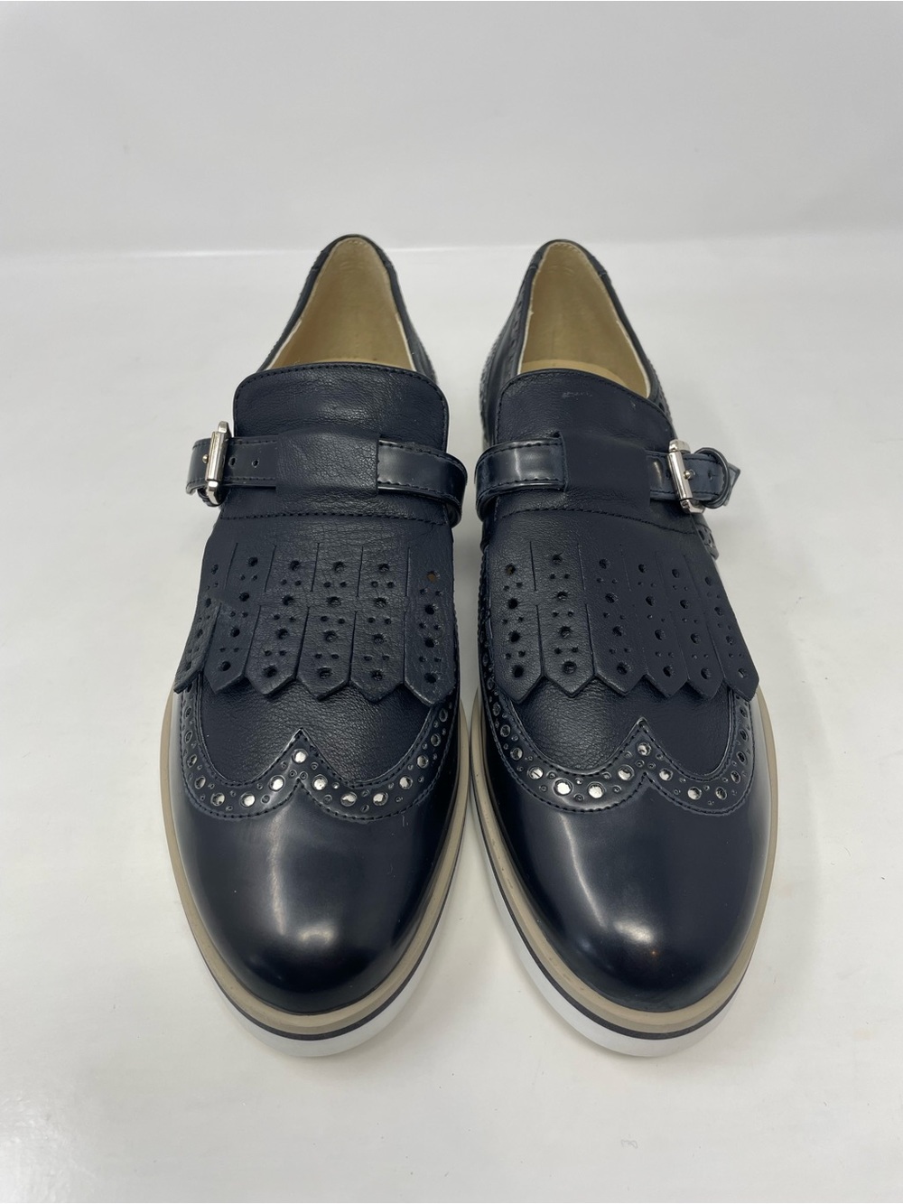 Geox Janalee Preppy Oxford Italian Leather Loafers with Buckle Accent - NWT